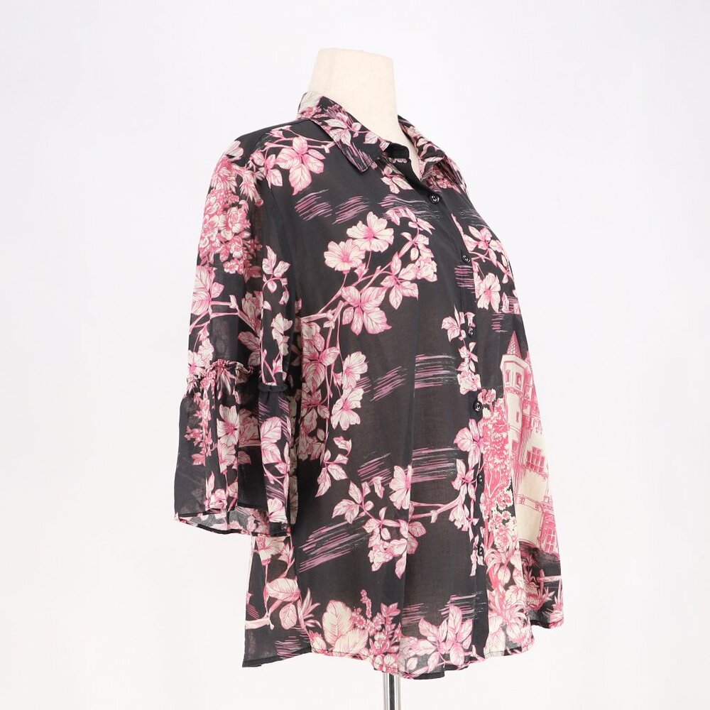 JOHNNY WAS House on the Hill Ruffle Sleeve Blouse Pink/Black Size L - Picture 2 of 13